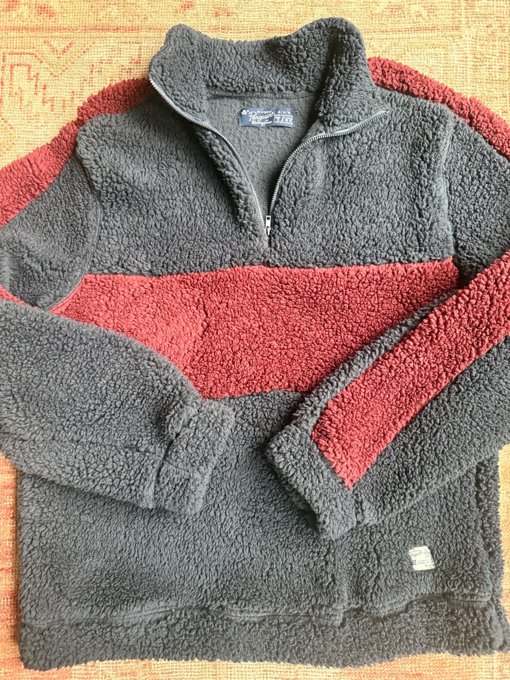 Original Penguin Charcoal and Burgundy Sherpa Quarter-Zip Pullover